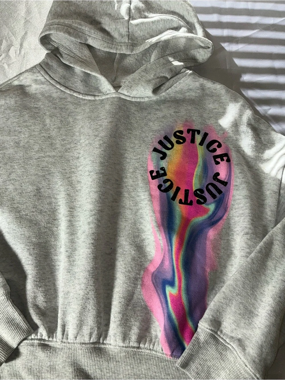 Justice Girls Light Gray Hoodie with Rainbow Marble Swirl Size M
